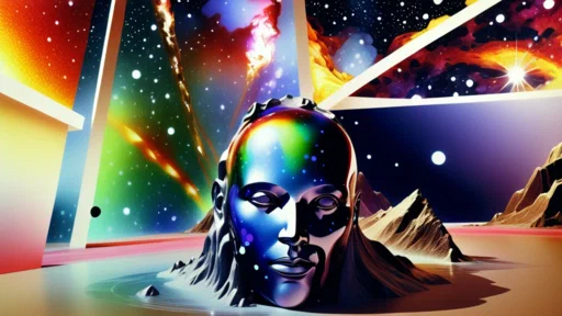 Chrome head emerging from a liquid-metal pool against a cosmic collage — avatar rendered by camera-magica