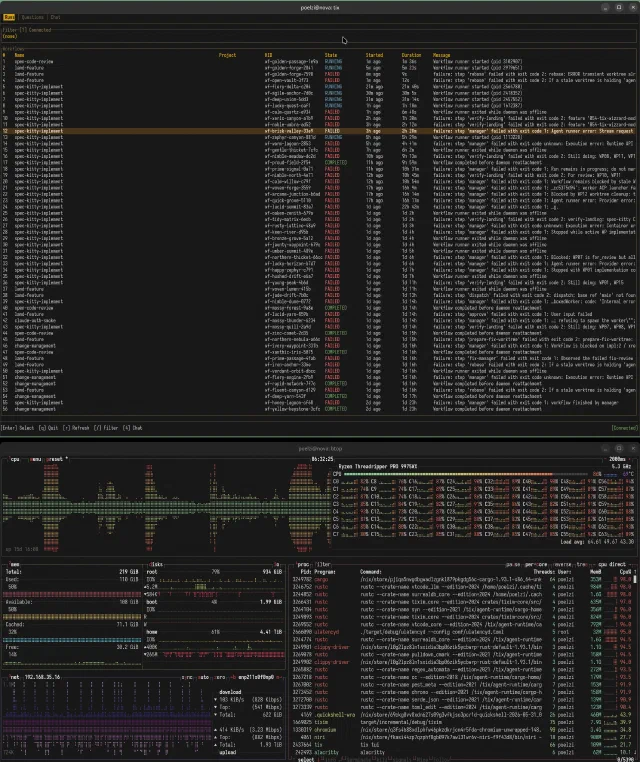 A tall desktop screenshot with Tixim workflow history above btop showing a 64-core Threadripper under heavy Rust compilation load.