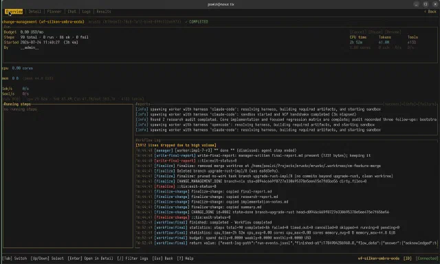 Tixim overview of a generic mrustc change-management workflow marked completed after three hours and four minutes.