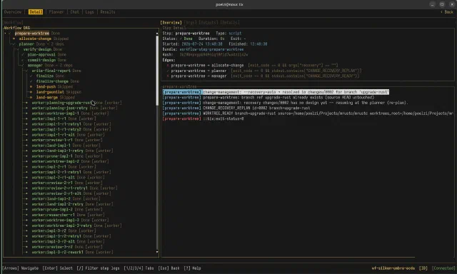 Tixim workflow DAG for the mrustc change-management recovery, showing planning, implementation, review, and landing workers.