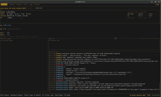 Tixim workflow overview showing rustc-chain completed in one hour and five minutes, with the log reporting target Rust 1.97.1 reached.